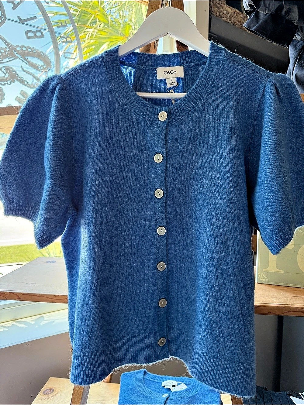 CeCe Short Sleeve Button Front Cardigan in Blue